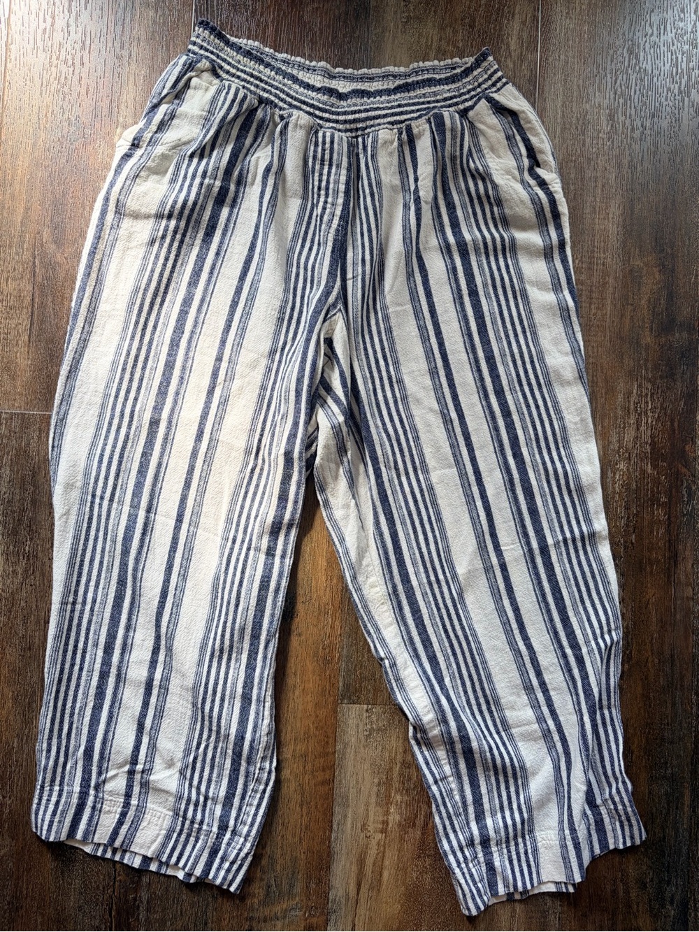 land 'n sea Women’s Blue/White Striped Linen Rayon Capri Pants 2X Cottagecore